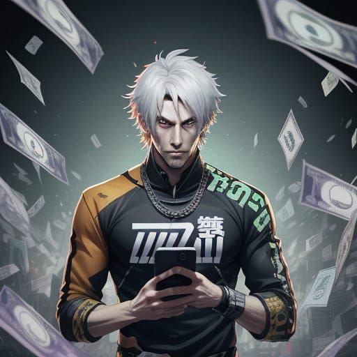 A man holding a phone with a game on the screen, with his ey...