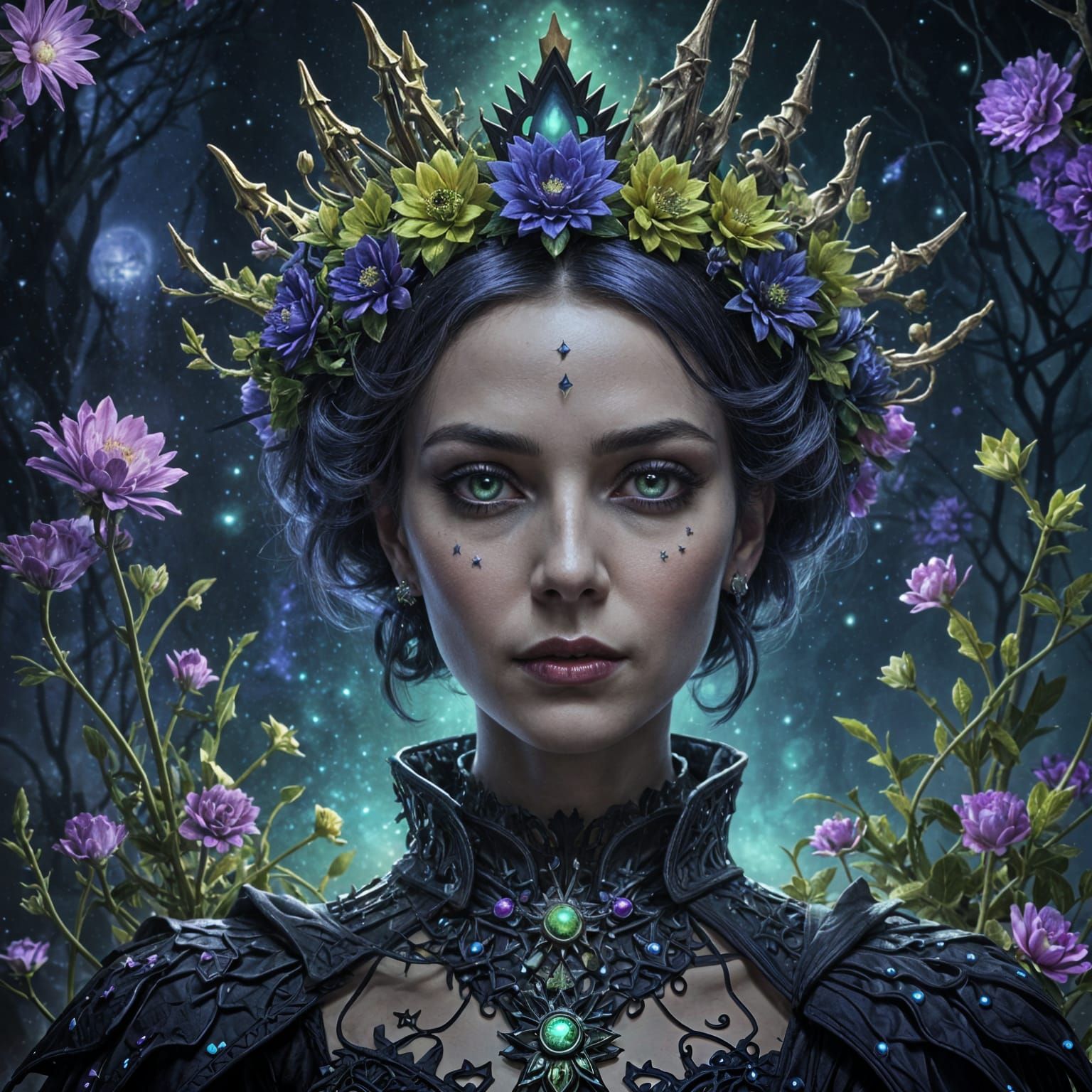 Gothic Queen of the Night Portrait in Cosmic Detail