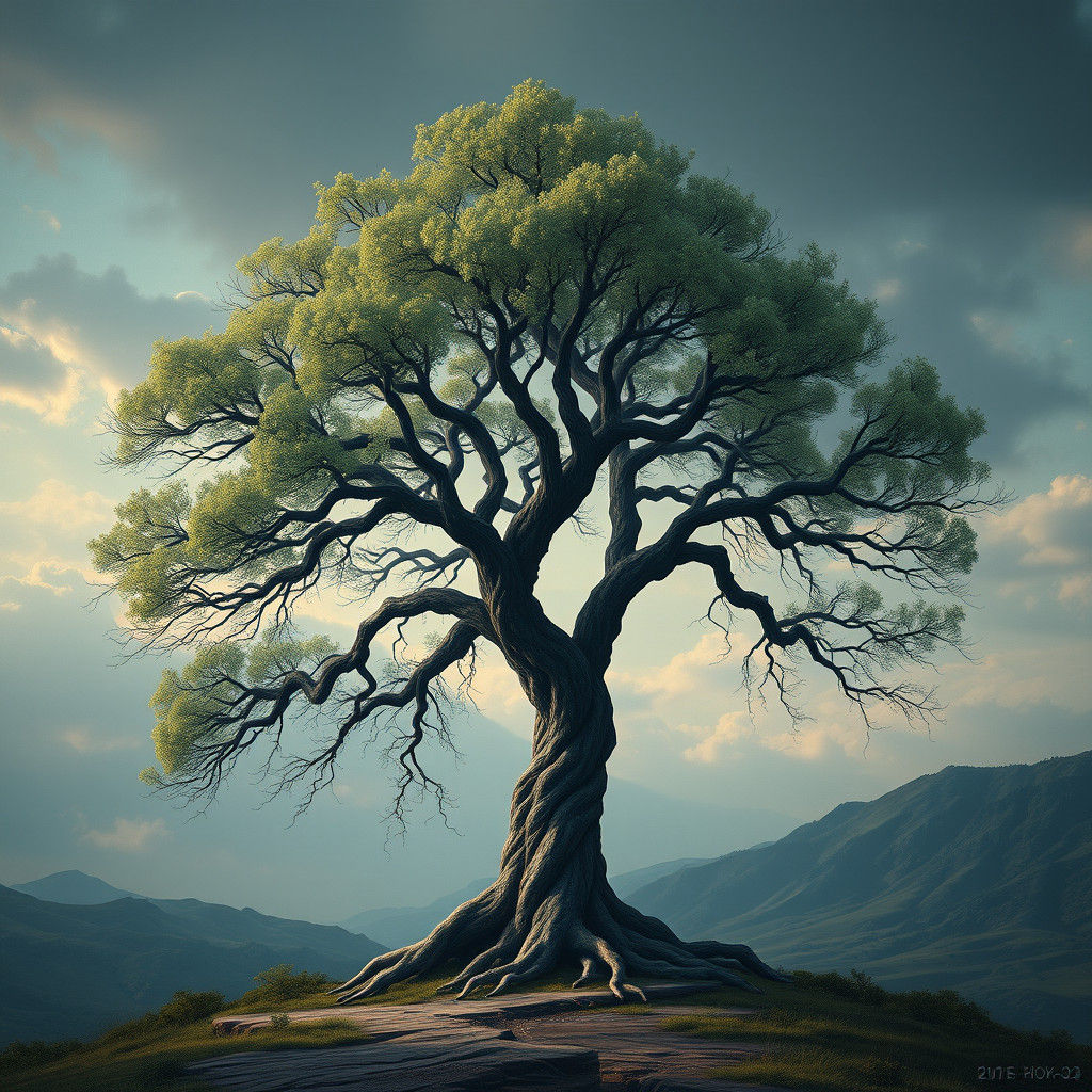 Symbolic Tree Resembling Human Figure in Detailed Painting