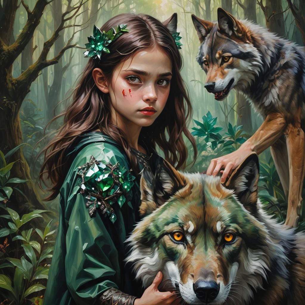 Girl and Wolf Gaze at Blood Orchid as Oil Painting