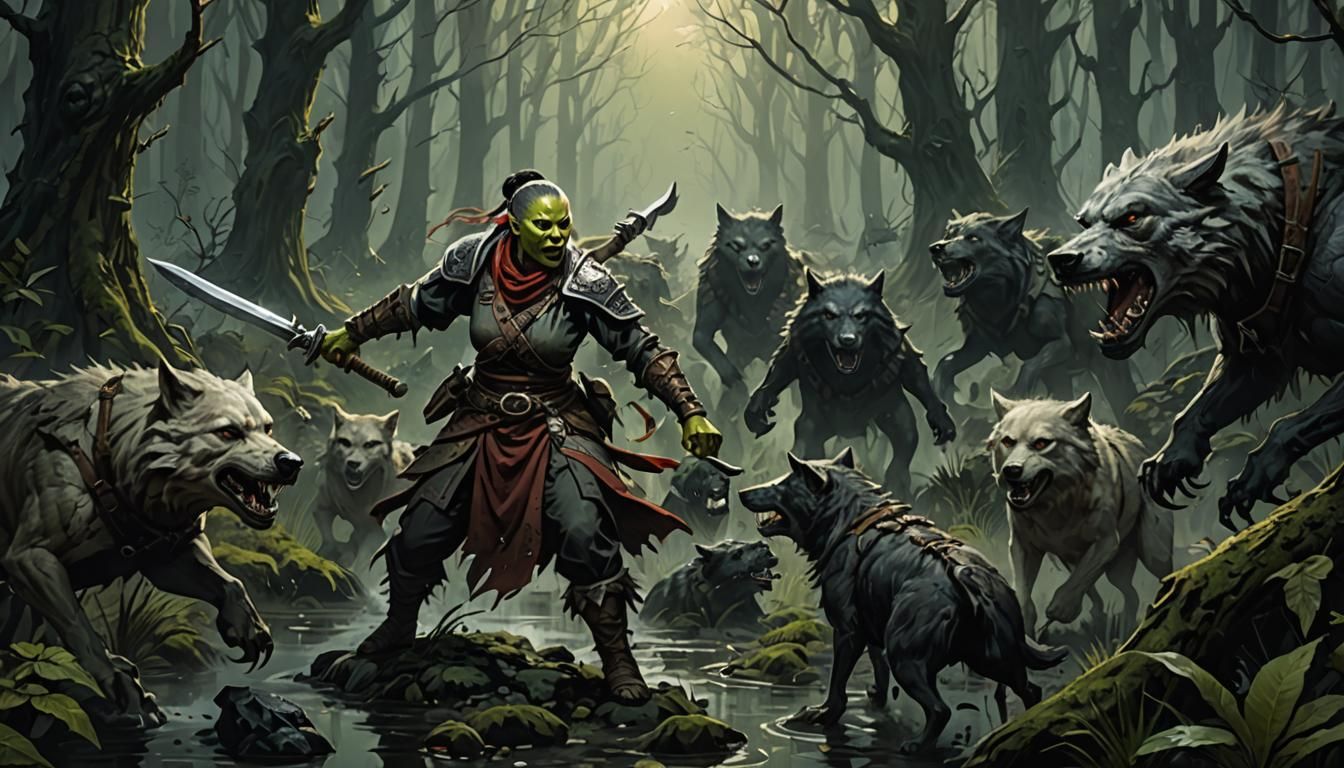 Orc Monk Battles Wolves in Dark Fantasy Forest