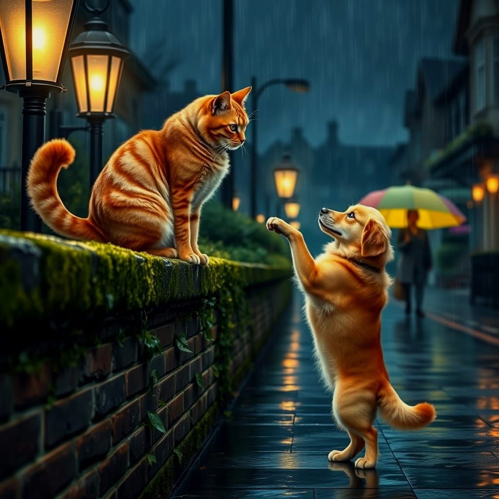 Whimsical Nighttime Moment of Feline and Canine Friendship