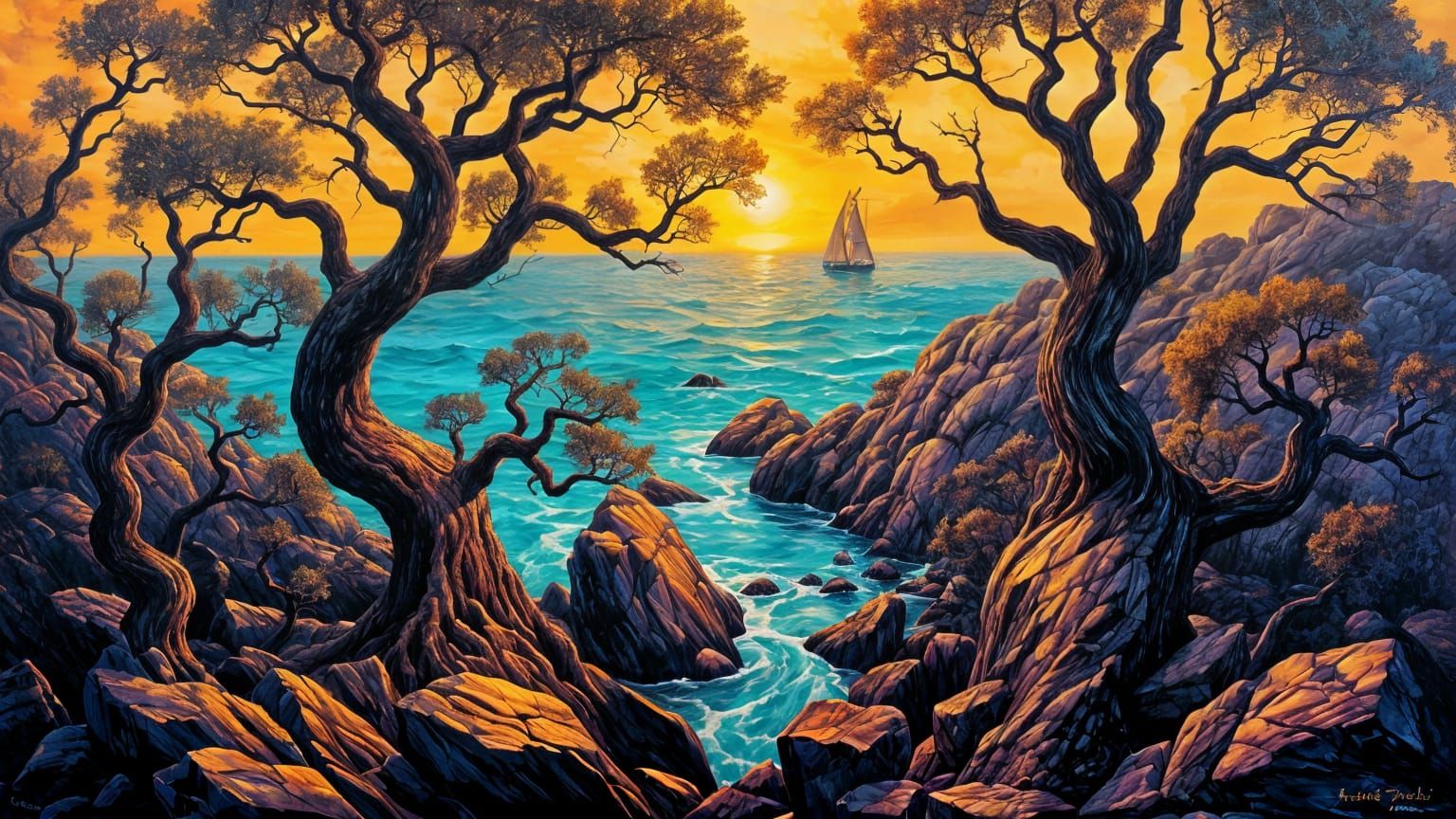 Dreamlike Coastal Forest Emerges from Shadows in Vibrant, Go...