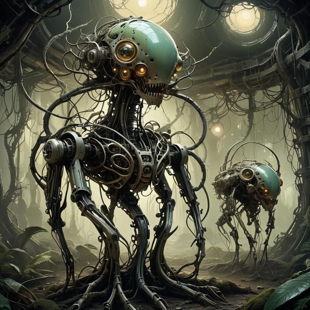 Eerie Biomechanical Landscape with Surreal Creatures