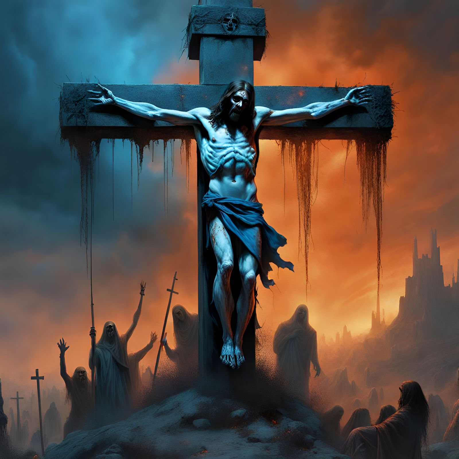 Zombie Jesus on the Cross in Eerie Style