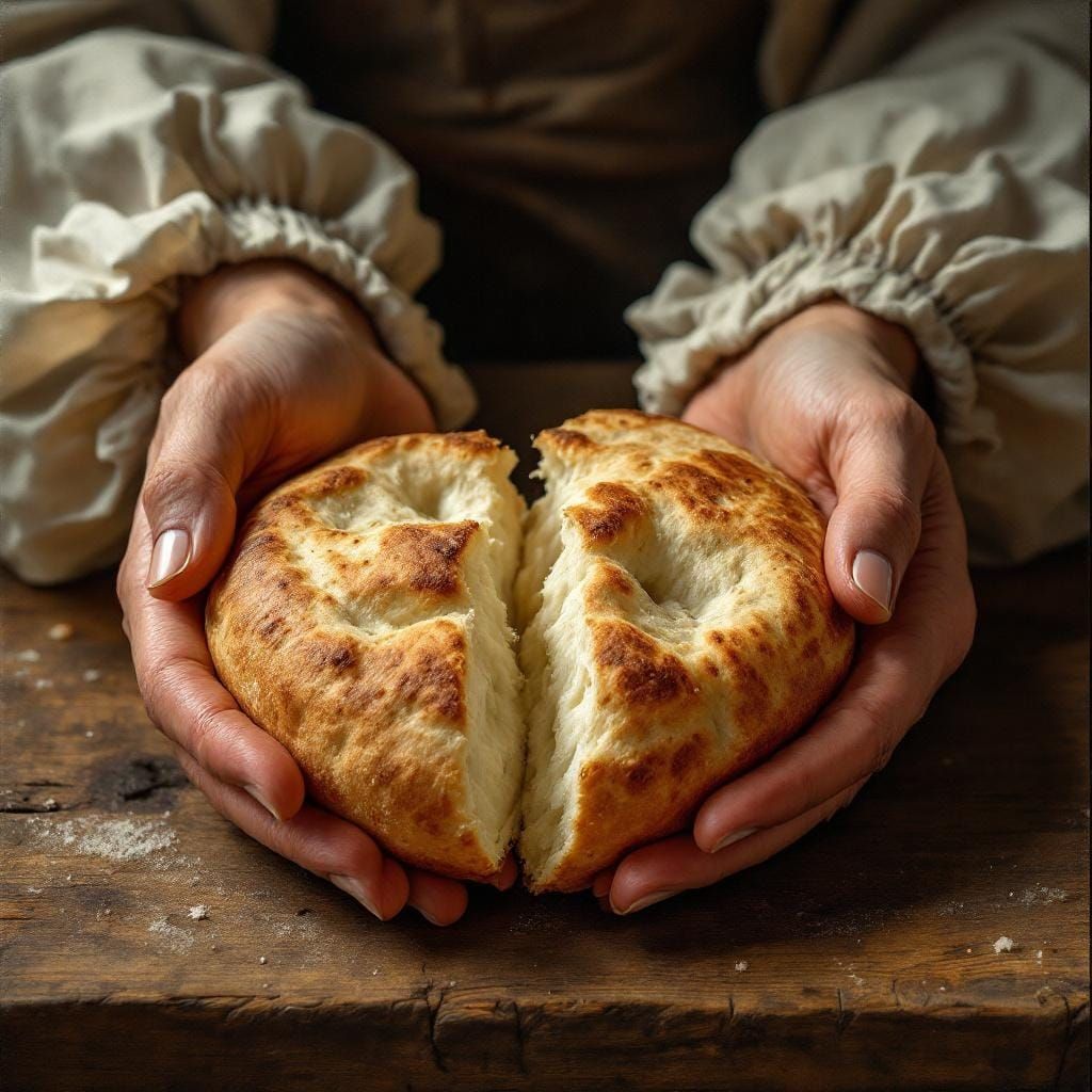 Hands Breaking Pita Bread in Renaissance Style