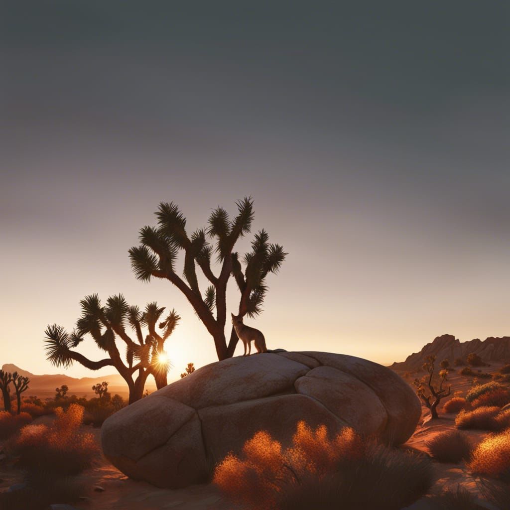 Joshua Tree Sunset with Coyote in Dark Style