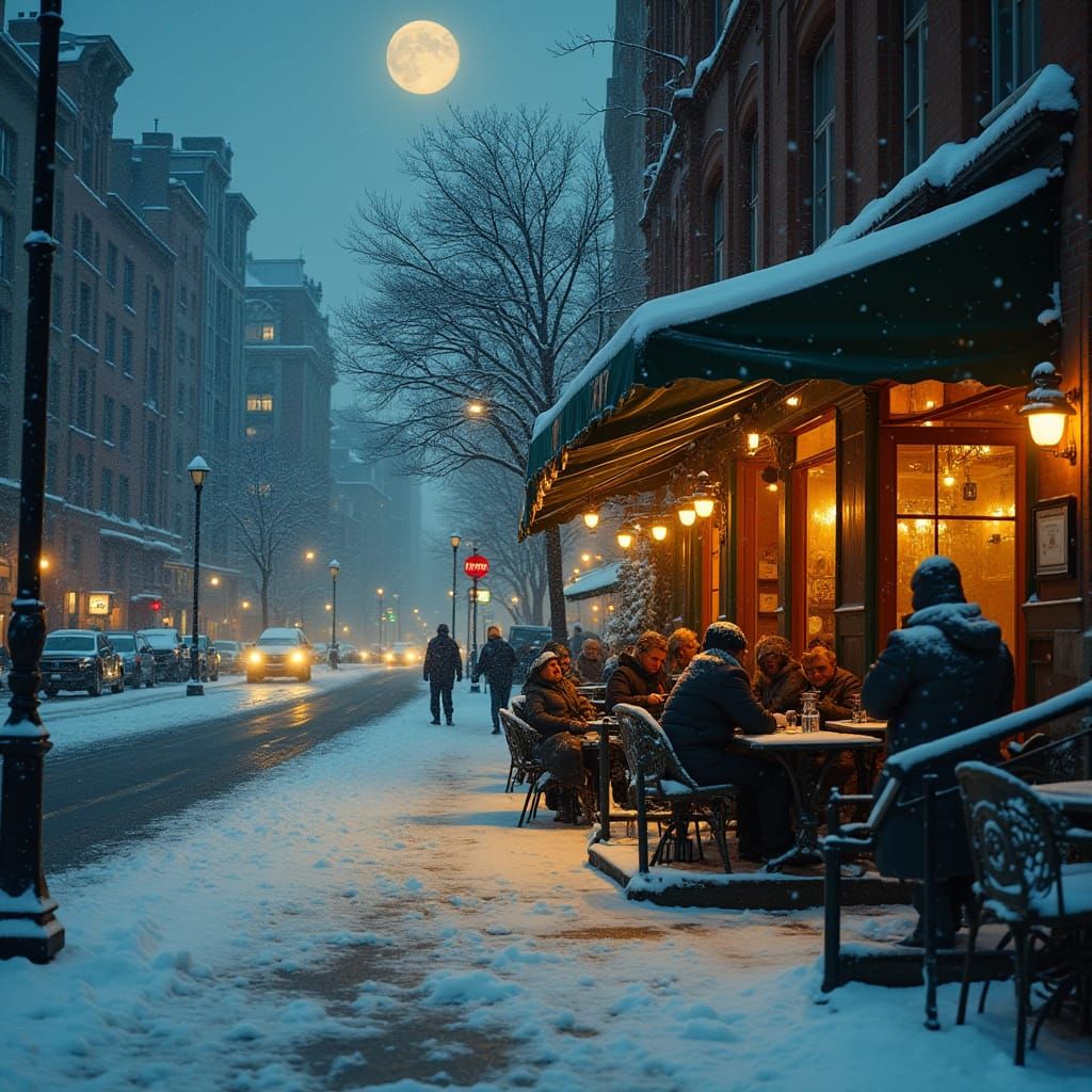 Moonlit City Streets in Winter, Cozy Cafe Scene