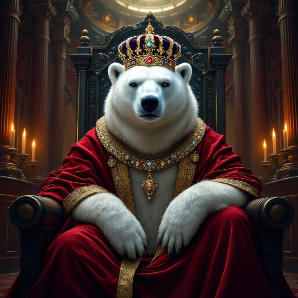 Polar Bear King on Throne in Hyper-Realistic Style