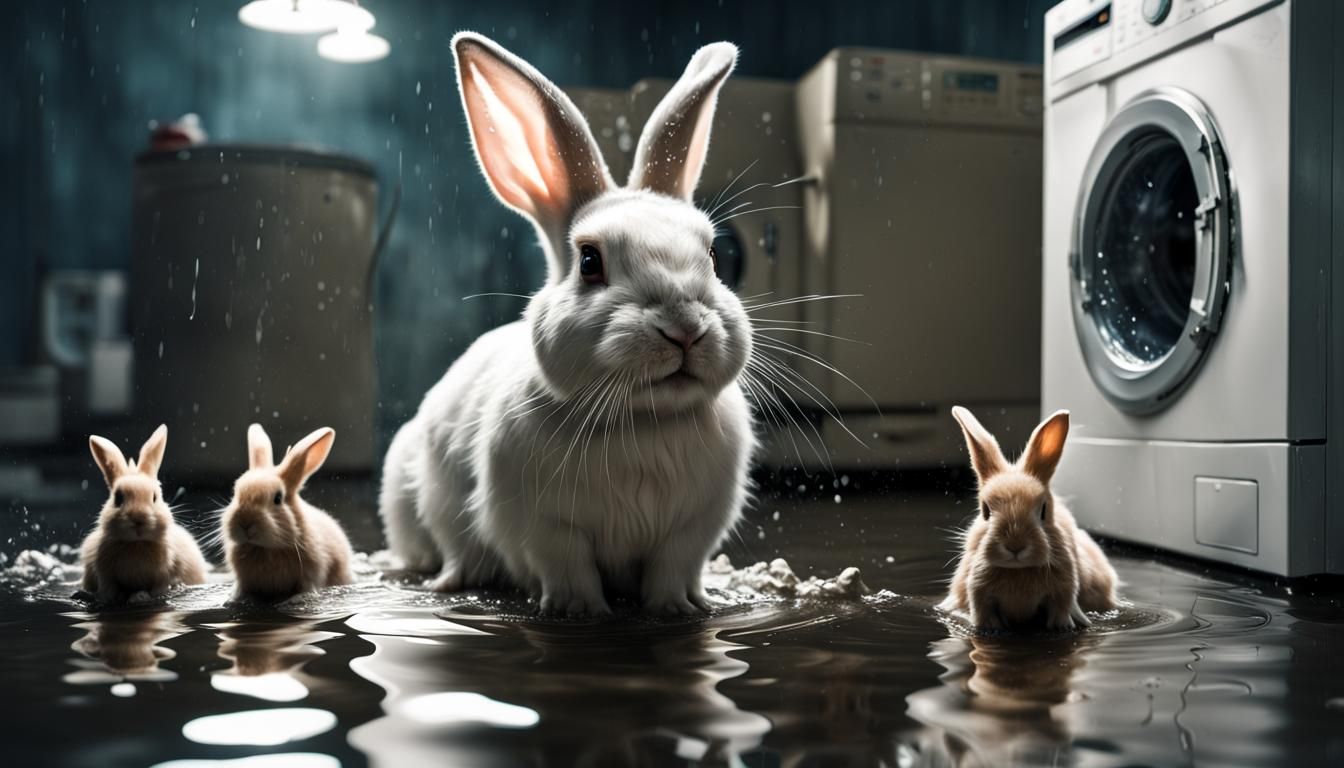 Hyperrealistic Wet Rabbit with Bunnies in Washing Machine