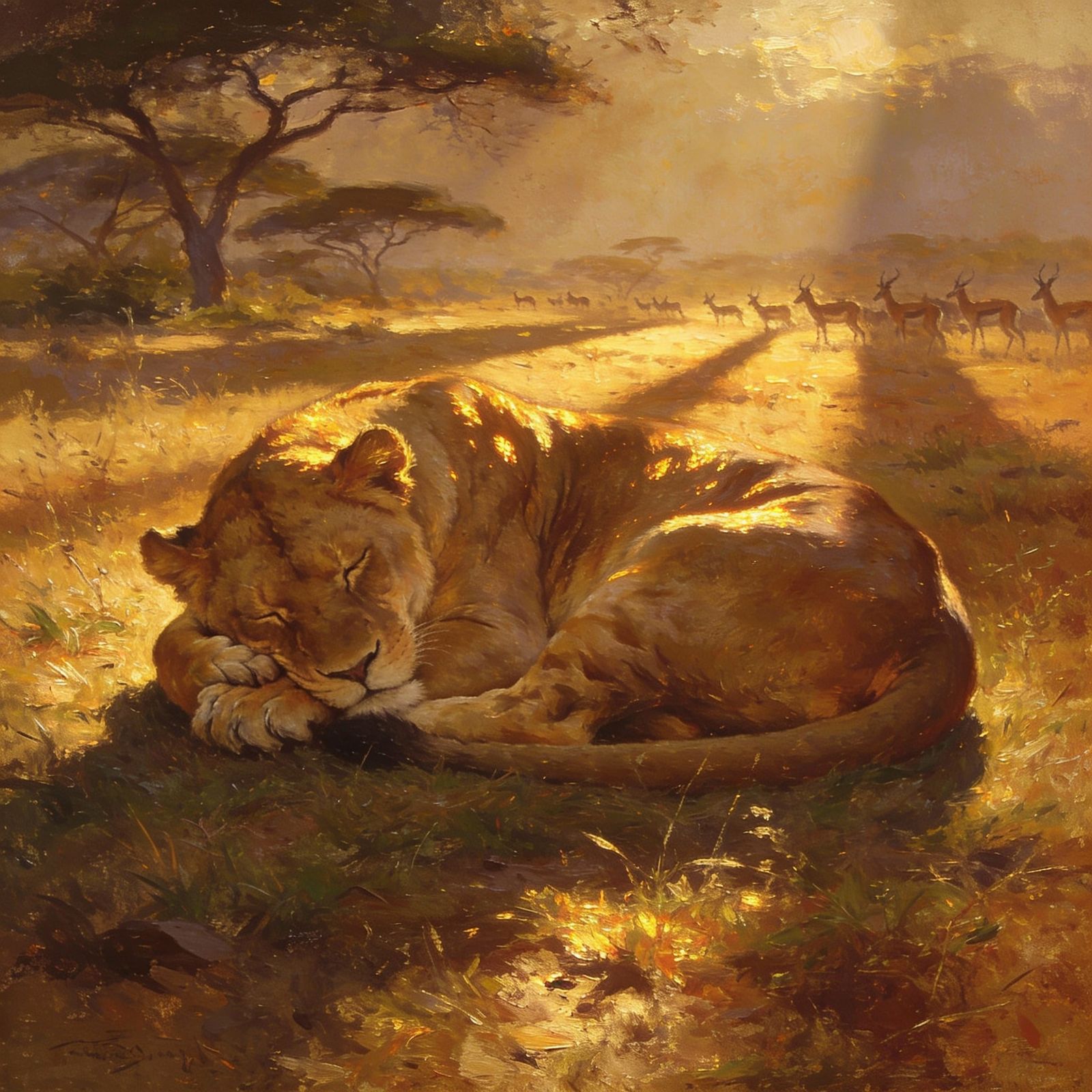 Lioness Sleeping in Golden Hour Sunlight, Photorealistic Oil...