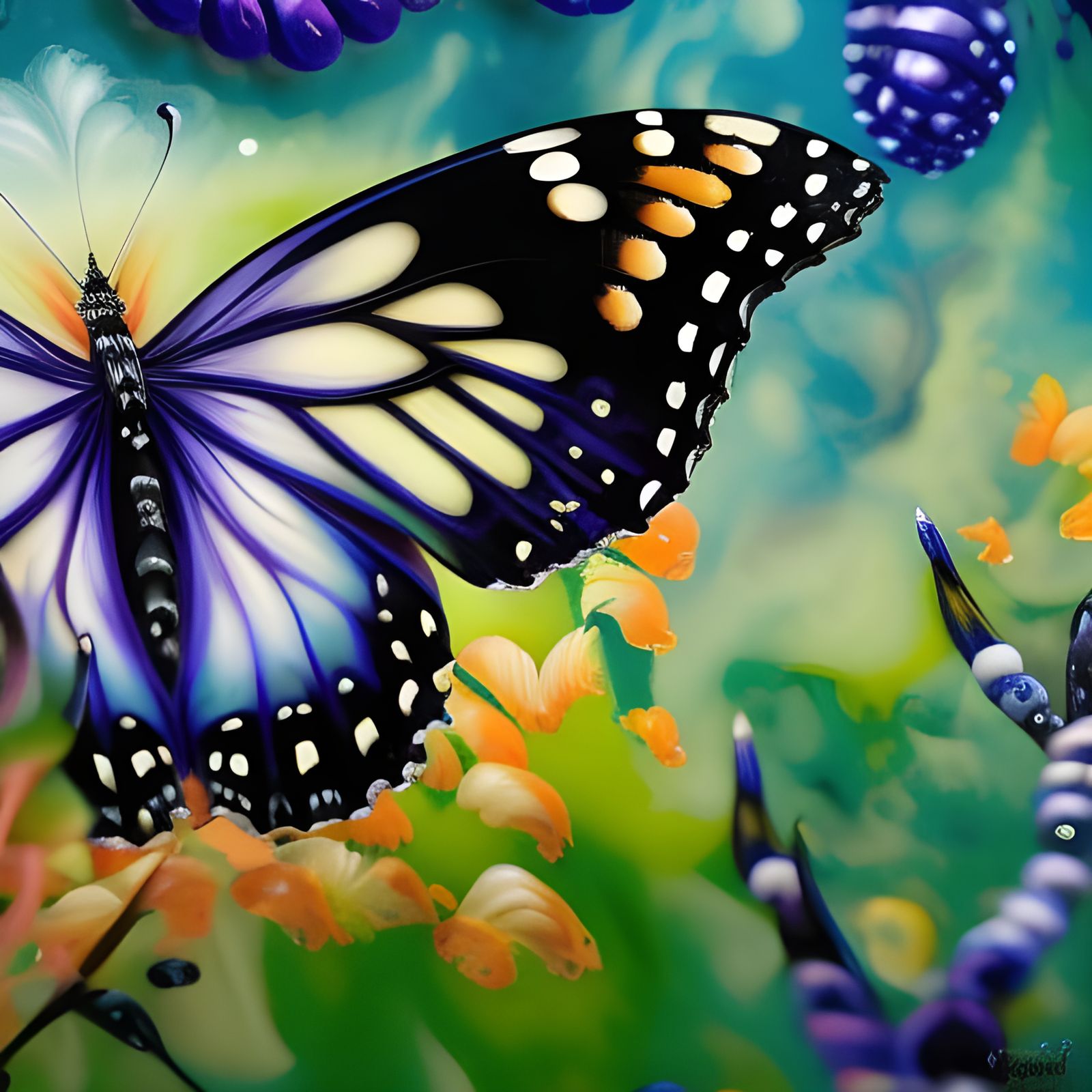 Butterfly-Adorned Horse in Marbling Oil Style