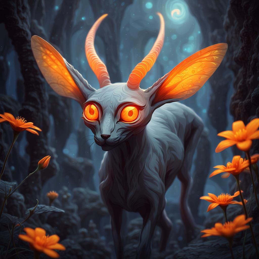 Mystical Creature with Glowing Eyes in Ethereal Setting