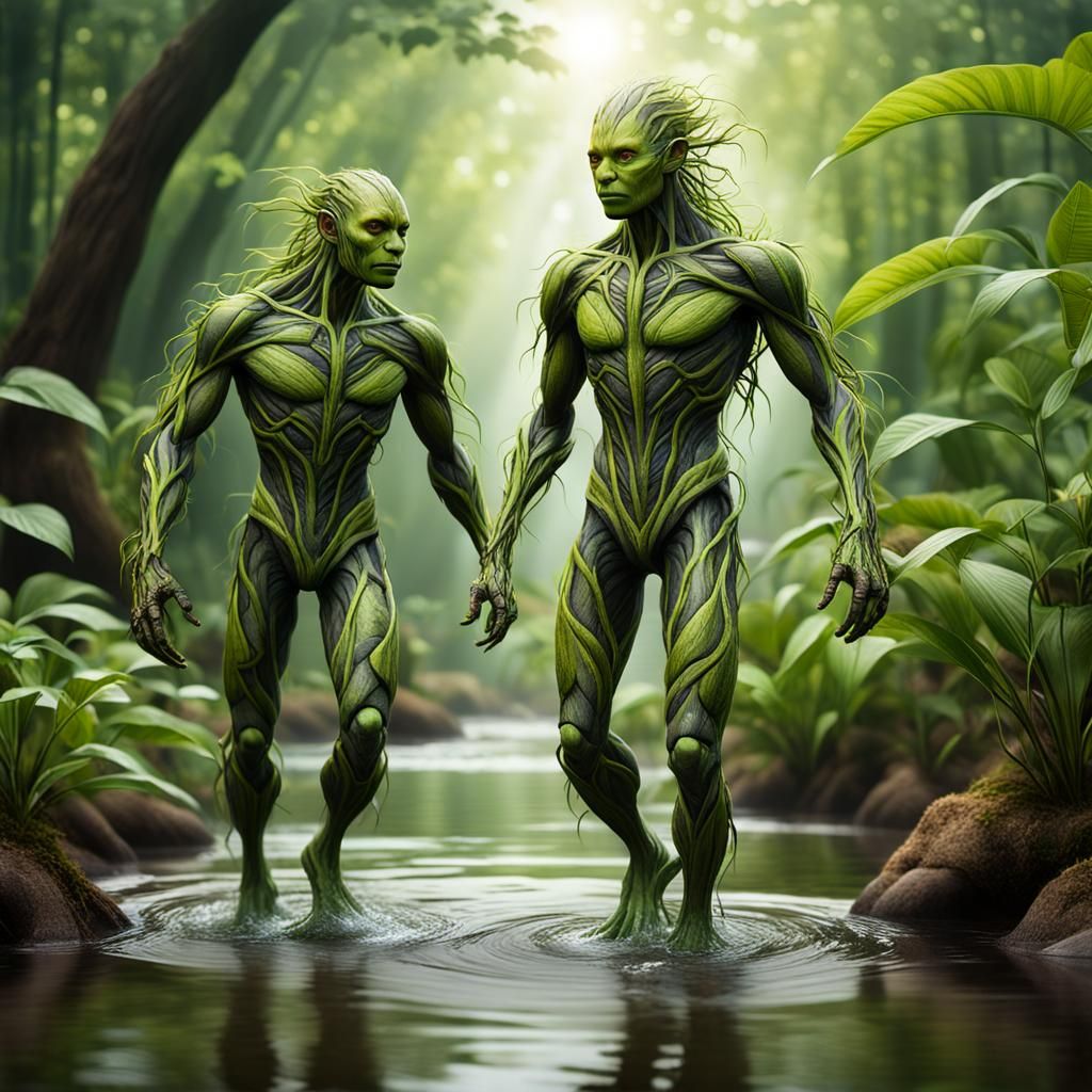 Hyperrealistic Plant Humanoids with Flowing River Hair