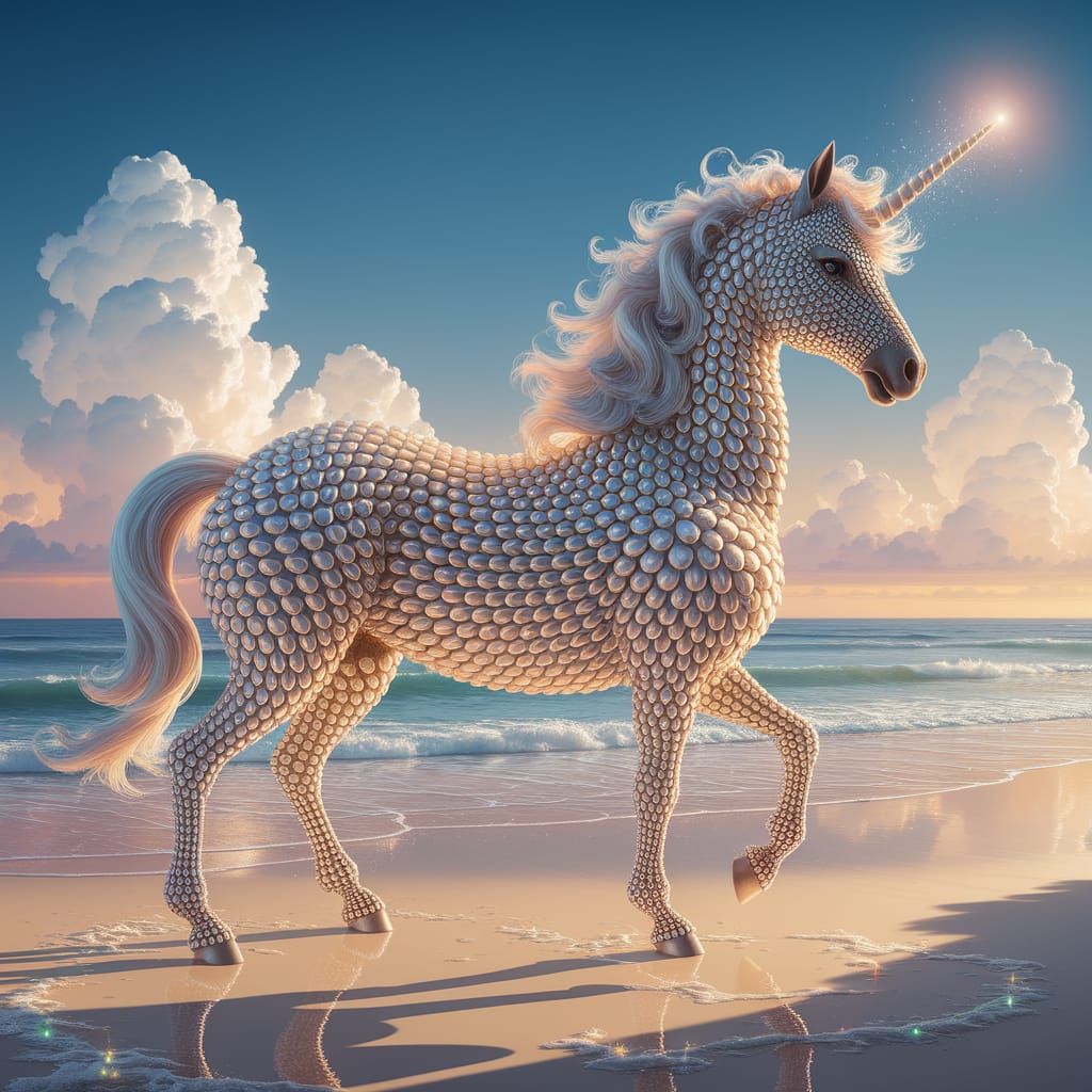 Seashell Unicorn on a Sunlit Beach