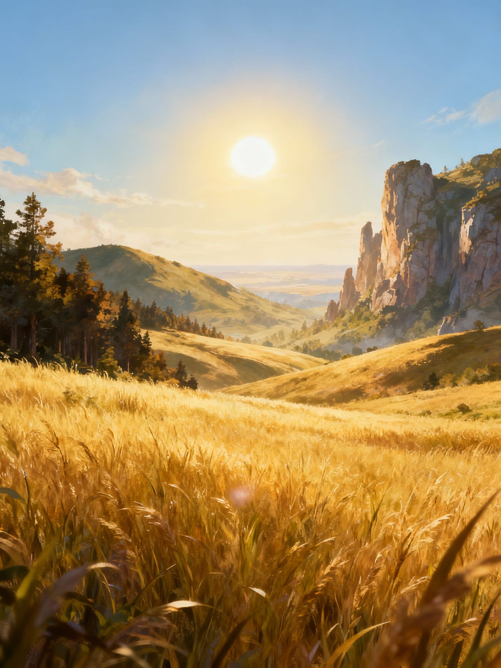 Golden Meadow Under Brilliant Sun, Fantasy Landscape