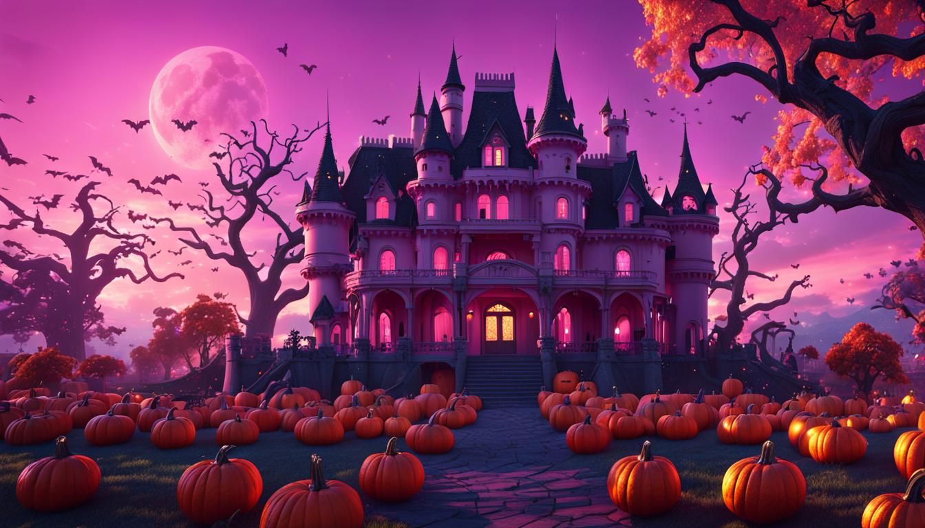 Pastel Pink Halloween Castle in Matte Painting Style