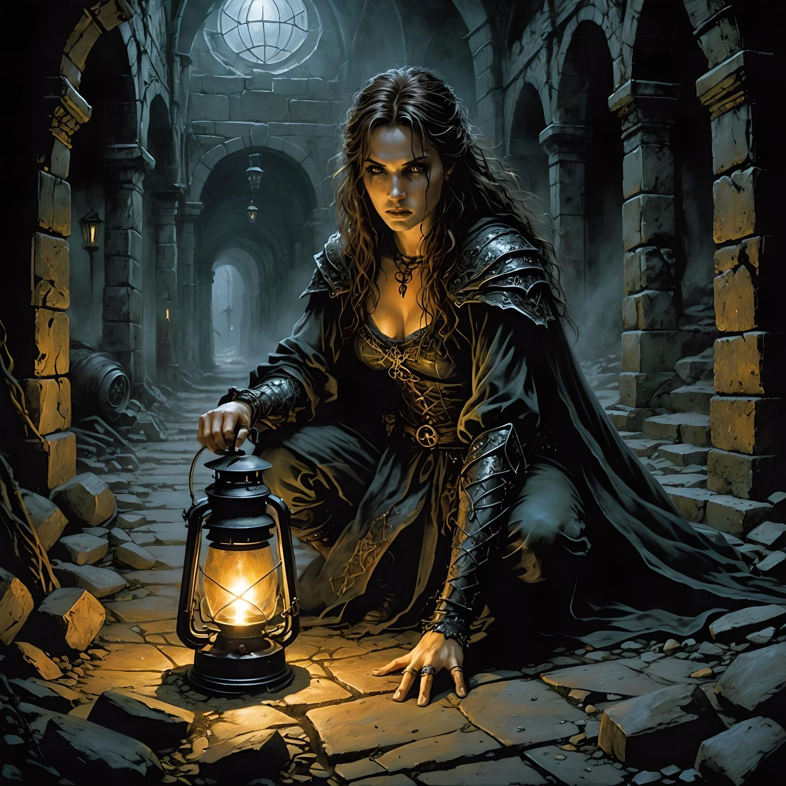 Adventuress Crawling Through Dark Fantasy Dungeon