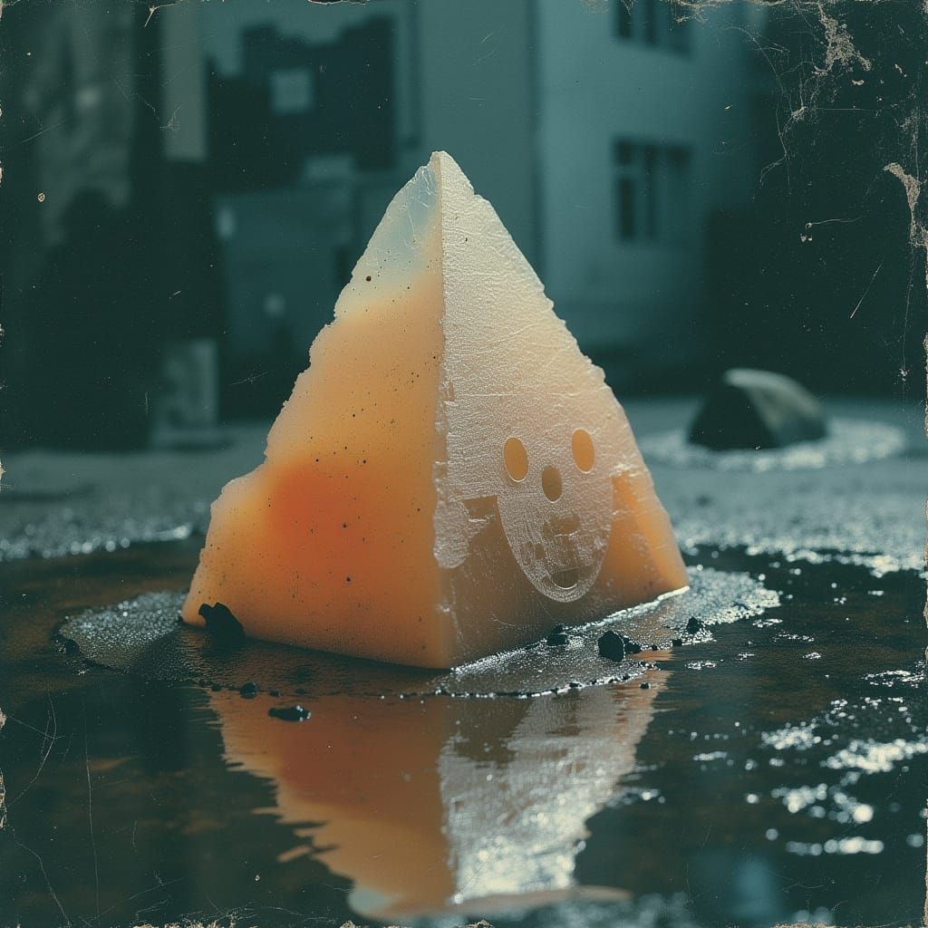 Dissolving Pyramid Diorama with Cute Face, Hyperrealistic CG...
