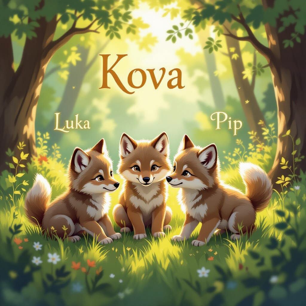 Three Wolf Cubs With Elvish Names In Forest Clearing
