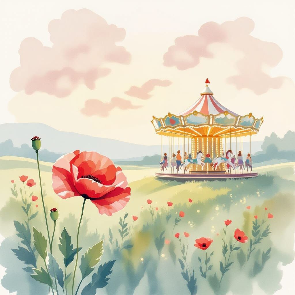 Dreamlike Poppy Landscape with Vintage Carousel in Watercolo...