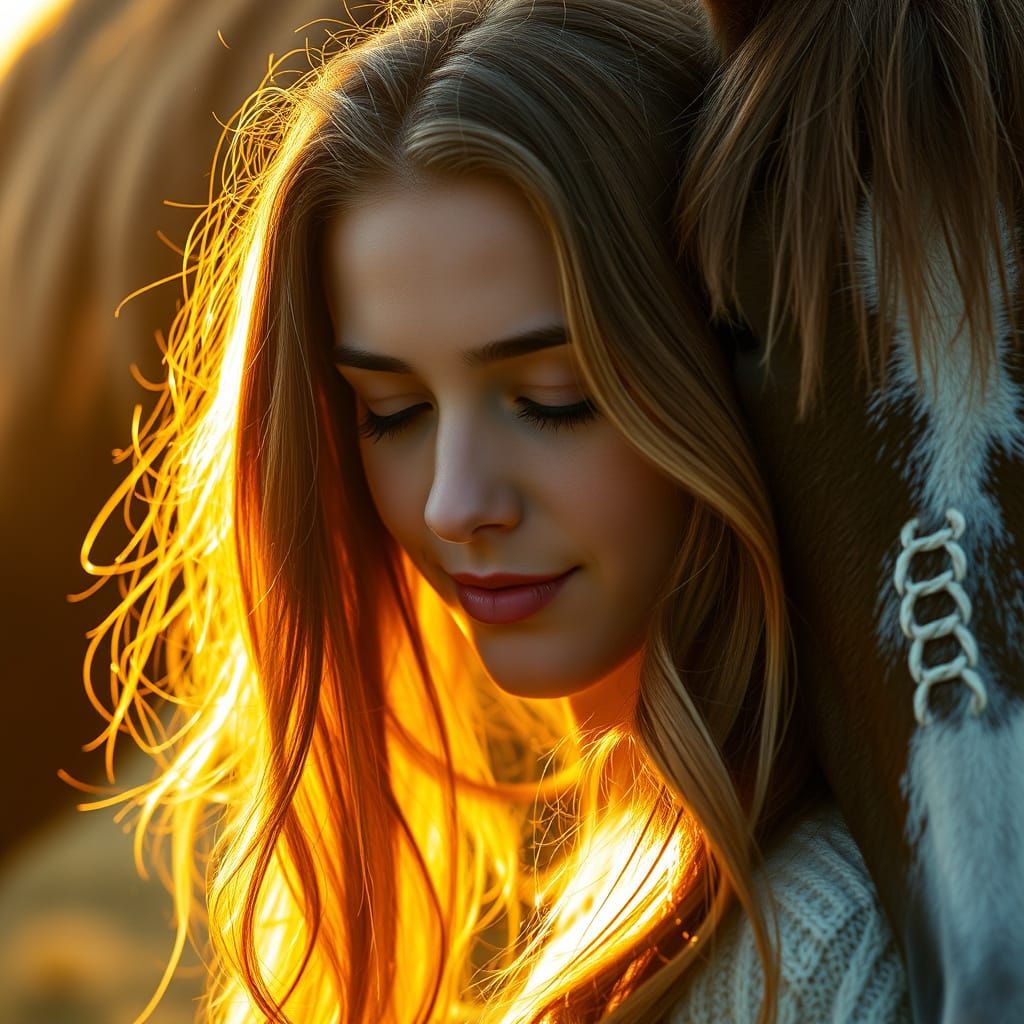 Golden Hour Intimacy: Woman and Horse Share a Serene Bond