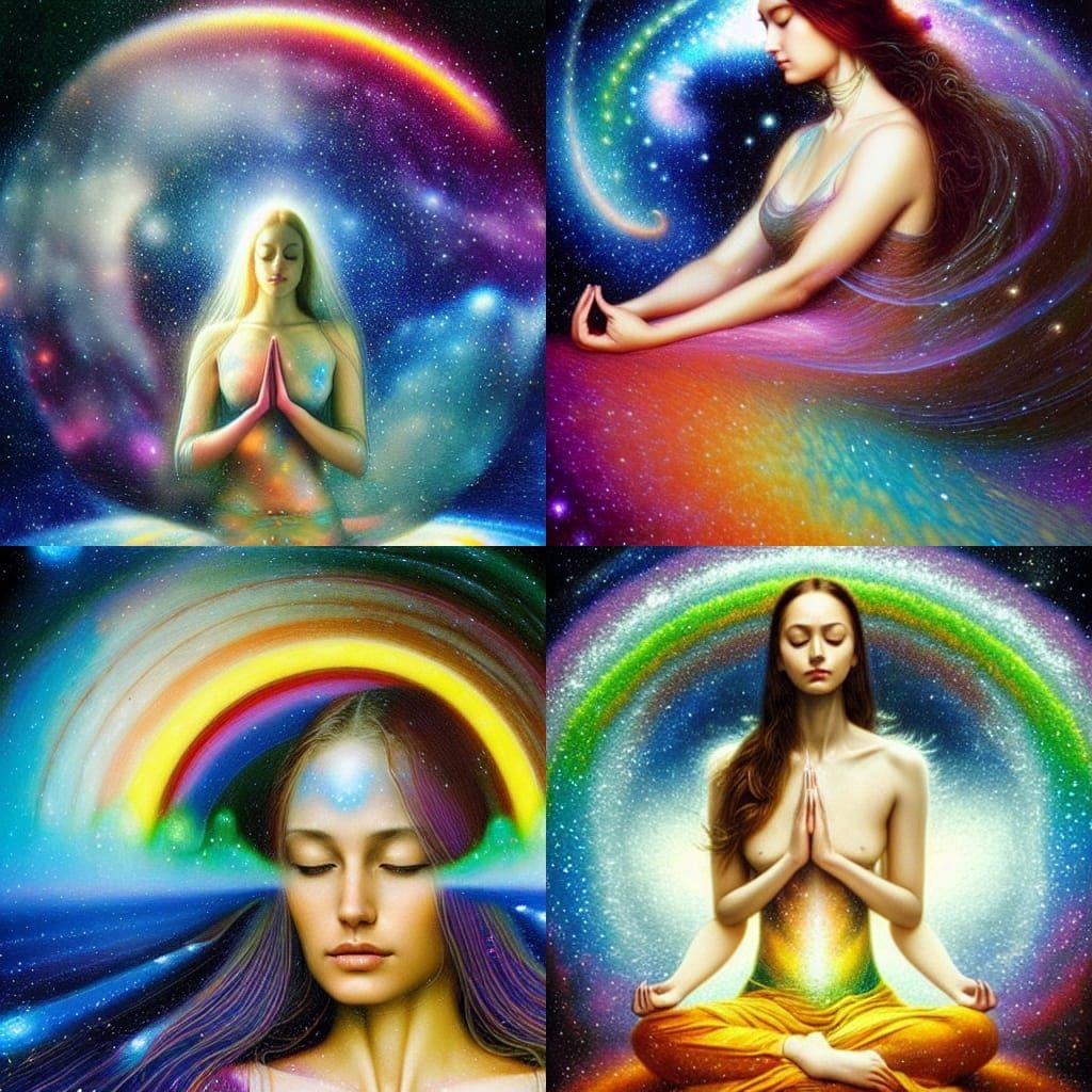 Meditating Woman with Rainbow Chakras in Space