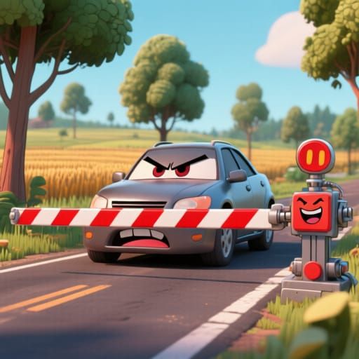 3D CGI Comic Art: Car Confronts Laughing Barrier