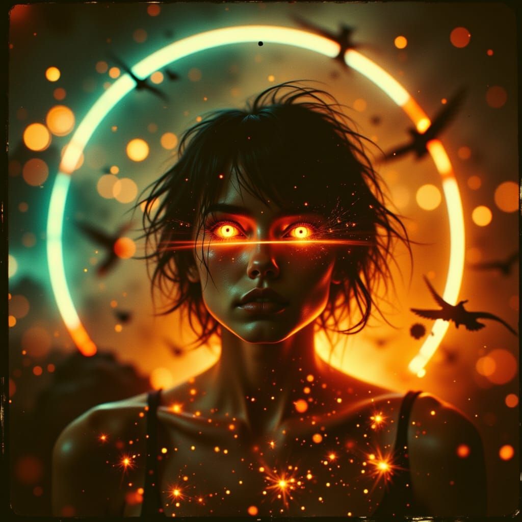 Vibrant Portraiture in a Golden-Brown Neon Dreamscape