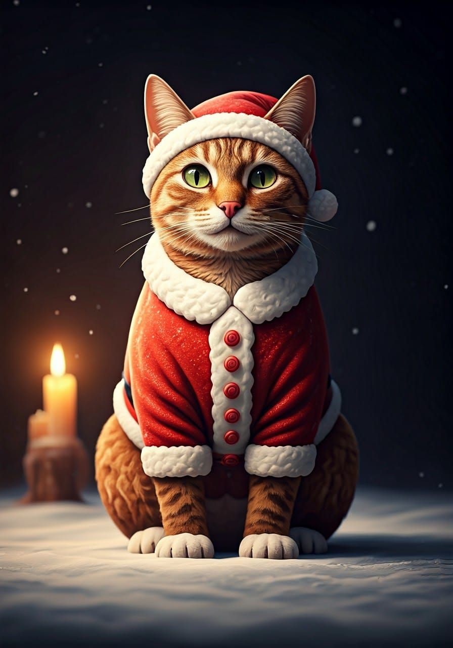 Gingerbread cat wearing an icing Santa Claus suit