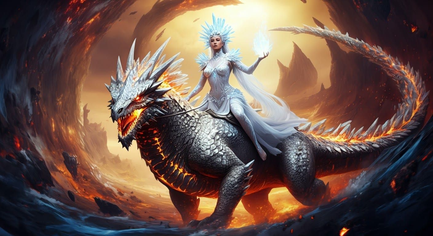 Goddess Rides Silver Dragoon in Fantasy Landscape