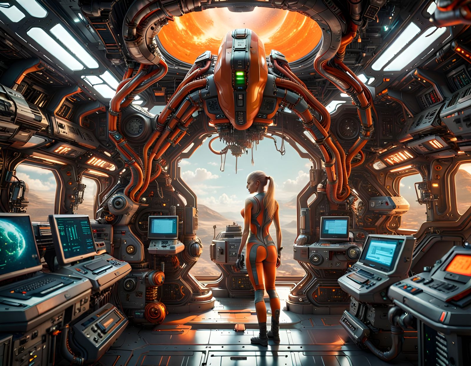 Biomechanical Alien Female Inside Steampunk Spaceship