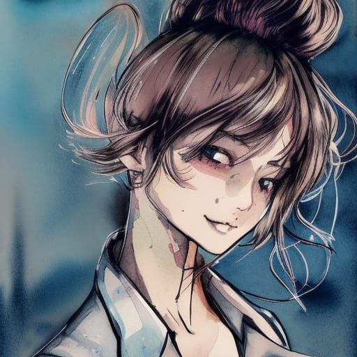 Anime Fashion Model in Watercolor Ink Drawing