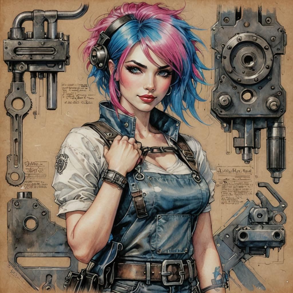 Lady Mechanic with Wrench in Watercolor Style