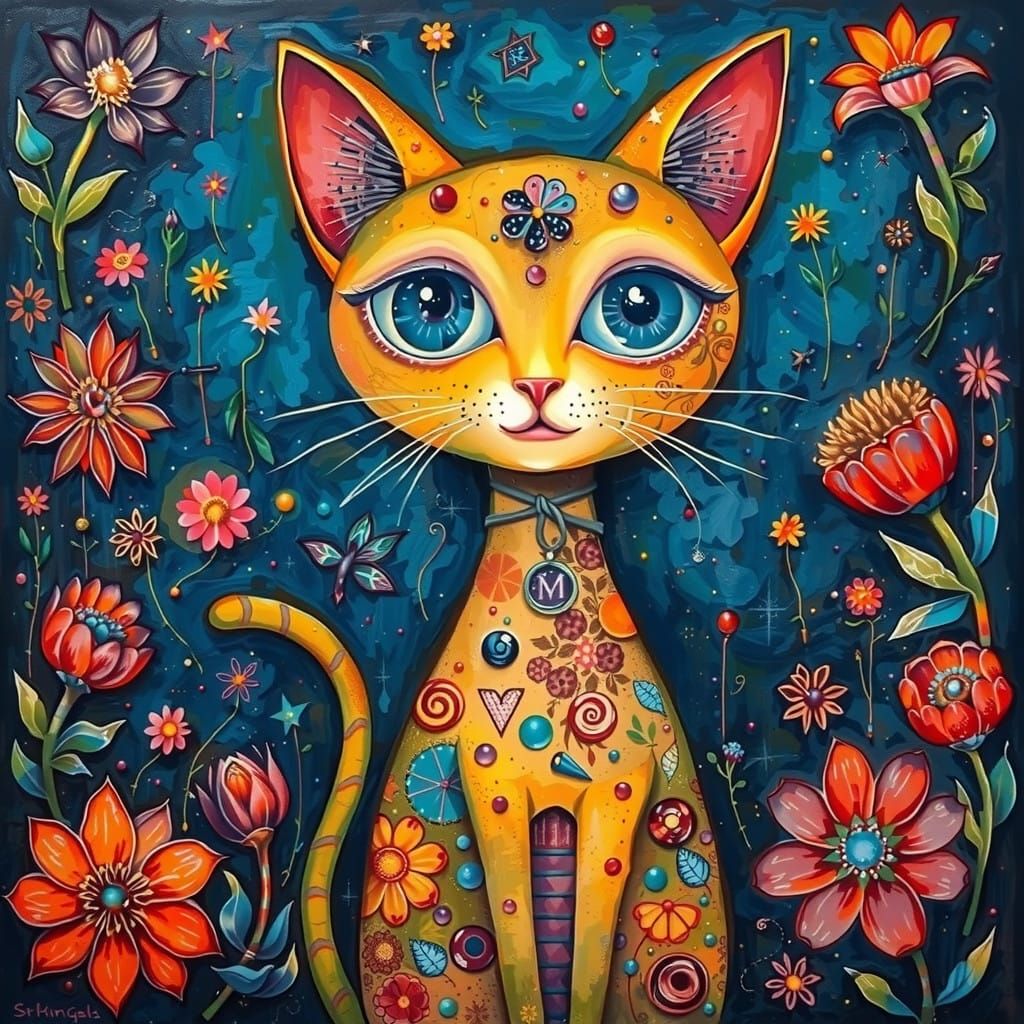 Vibrant Whimsy Cat Amidst Blooming Flowers and Geometric Sha...