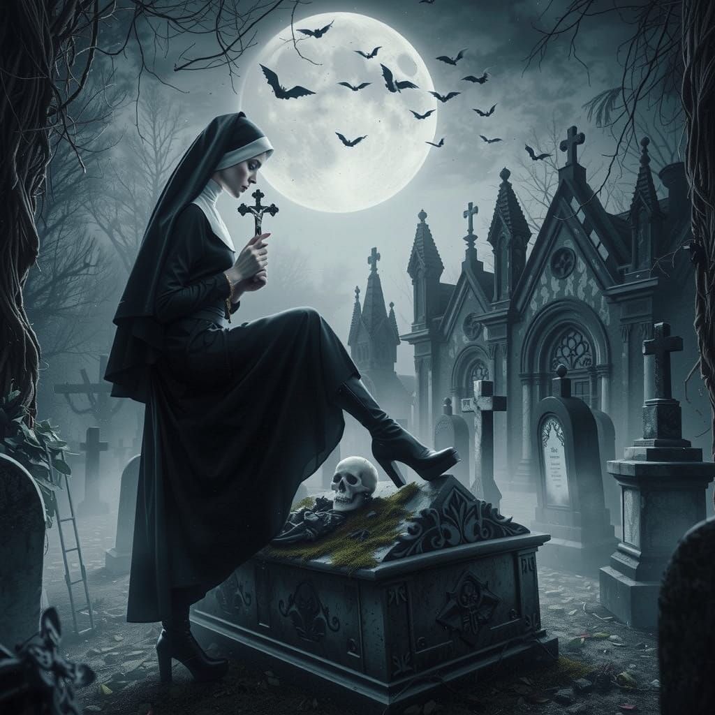 Gothic Nun in a Haunting Cemetery Landscape