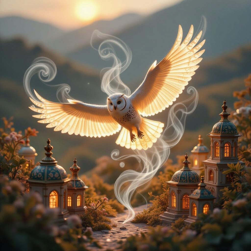 Luminous Owl in Flight Over Miniature Ceramic Architecture