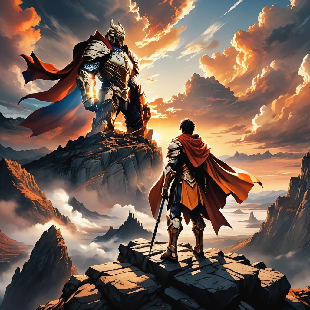 Epic Armored Figure Overlooking Exotic Manga Landscape