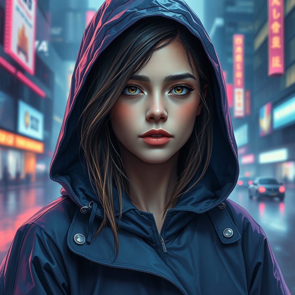 Young Woman Stands Alone in Rainy City Night, in Watercolor ...
