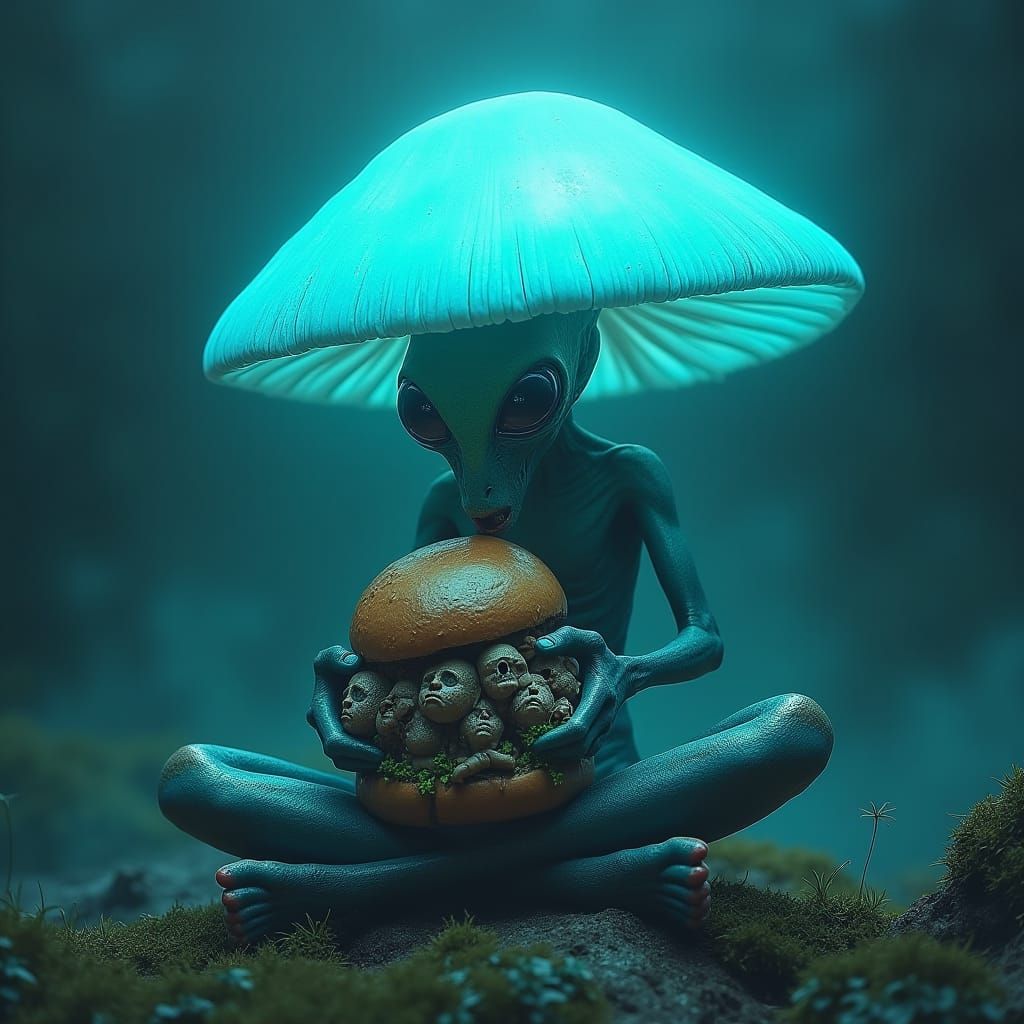 Alien Eats Human Sandwich in Biomechanical Style