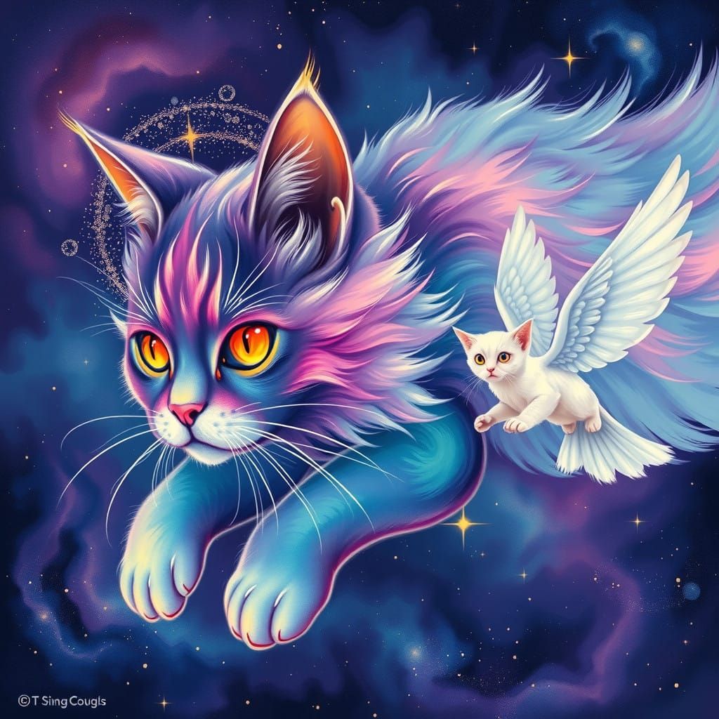 Cosmic Feline Duo Embodies Dreamlike Wonder