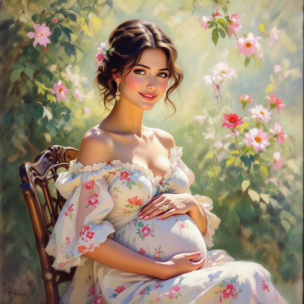 Pregnant Woman Posing Serenely in Renoir's Vibrant Style