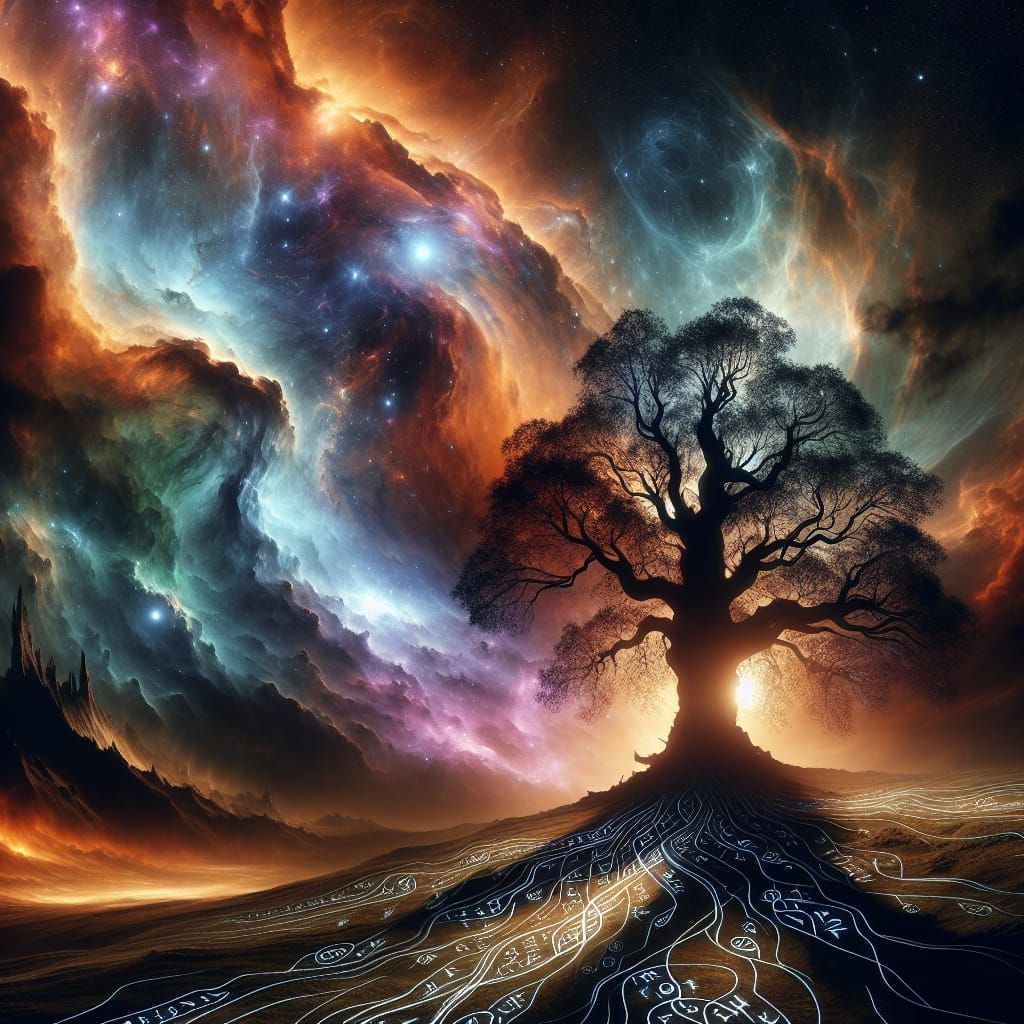 Regal Ancient Tree Against Galactic Nebula