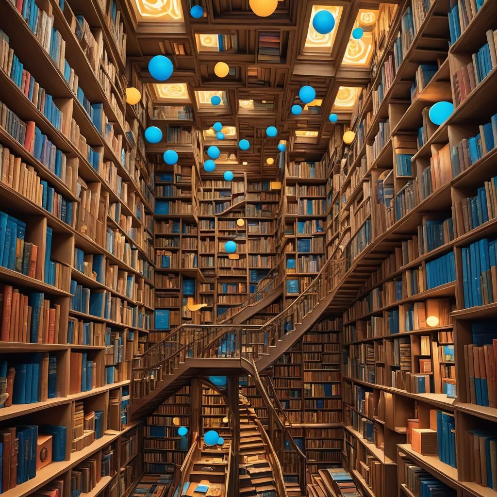 Surreal Infinite Library with Escher-like Staircases