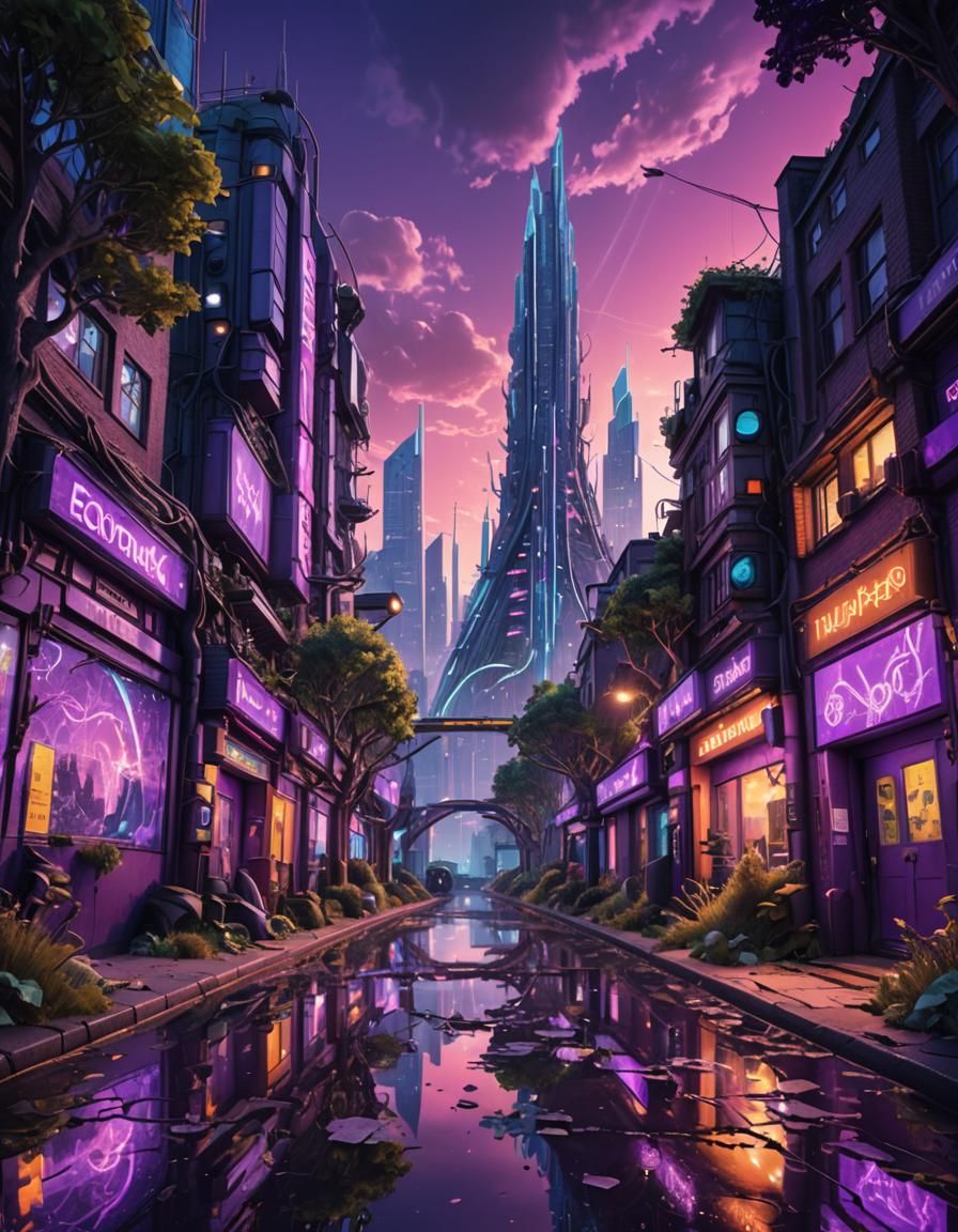 Futuristic Eco-Cityscape: Nature Meets Cyberpunk Surrealism