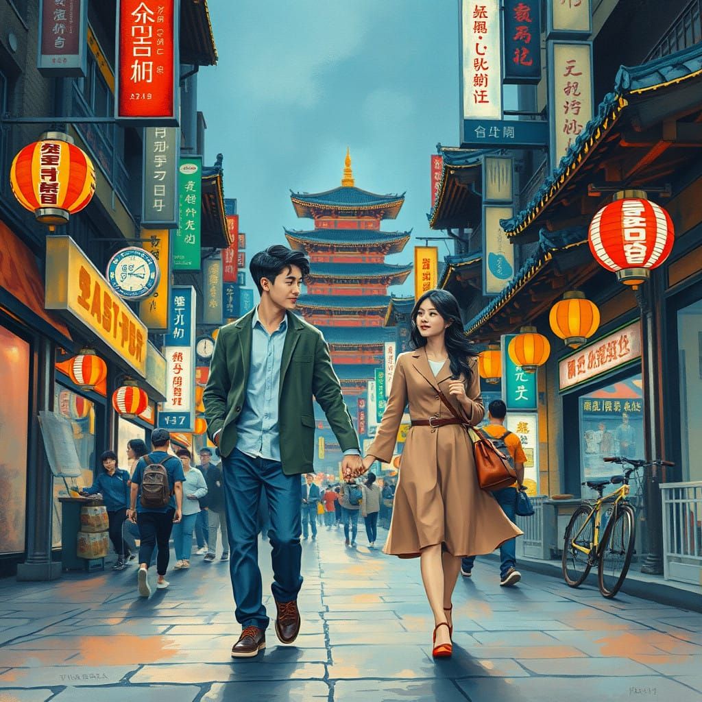 Romantic Korean Cityscape in Vibrant Gouache