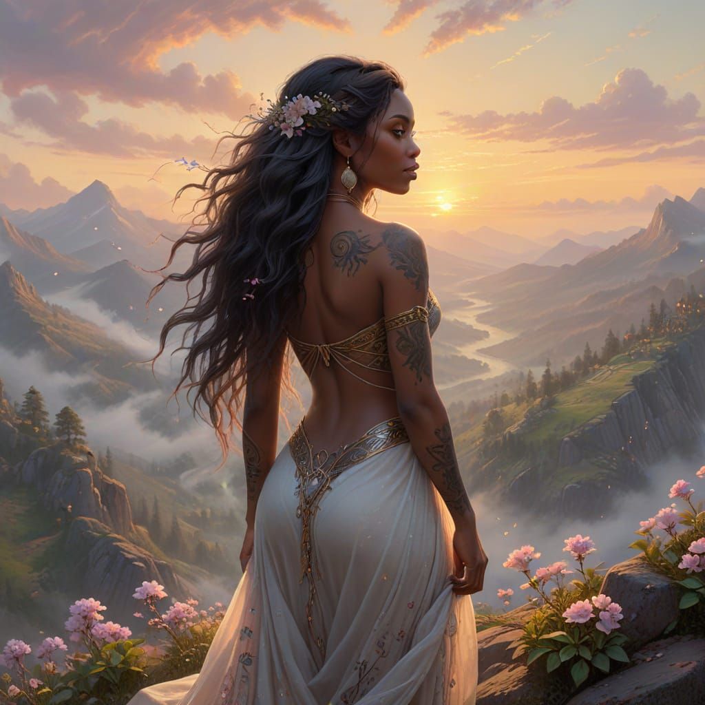 Ethereal Woman Overlooking Mist-Filled Valley: Digital Paint...