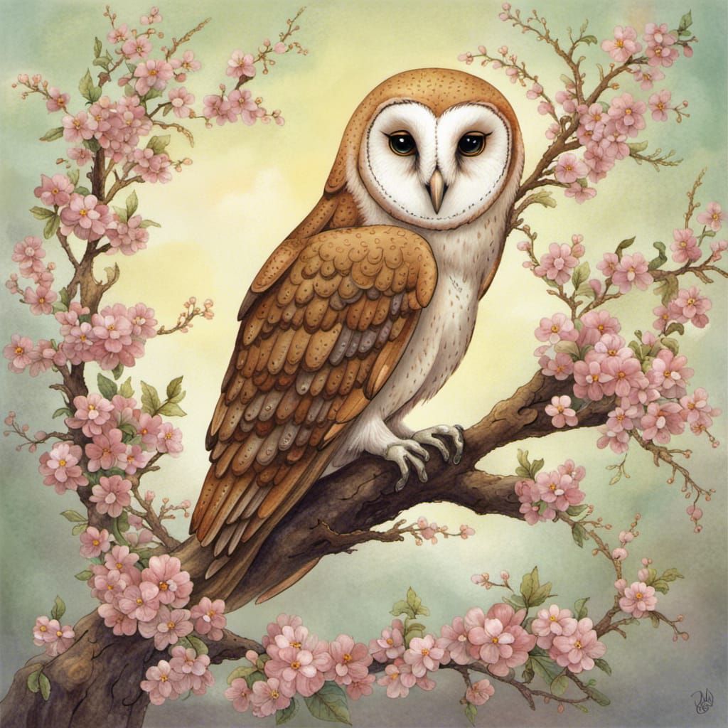 Anthropomorphic Barn Owl Druid Among Blossoms