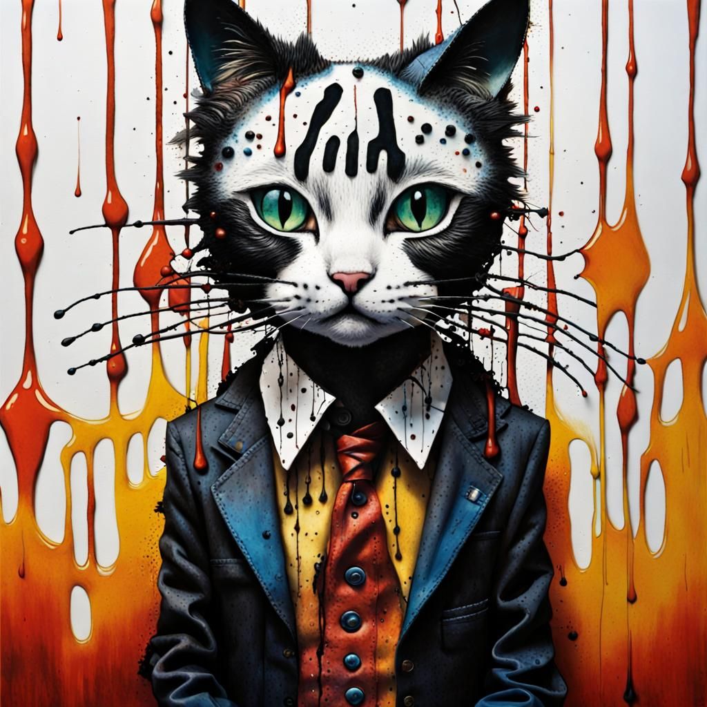 Melting Claymation Cat Portrait in Mixed Media Style