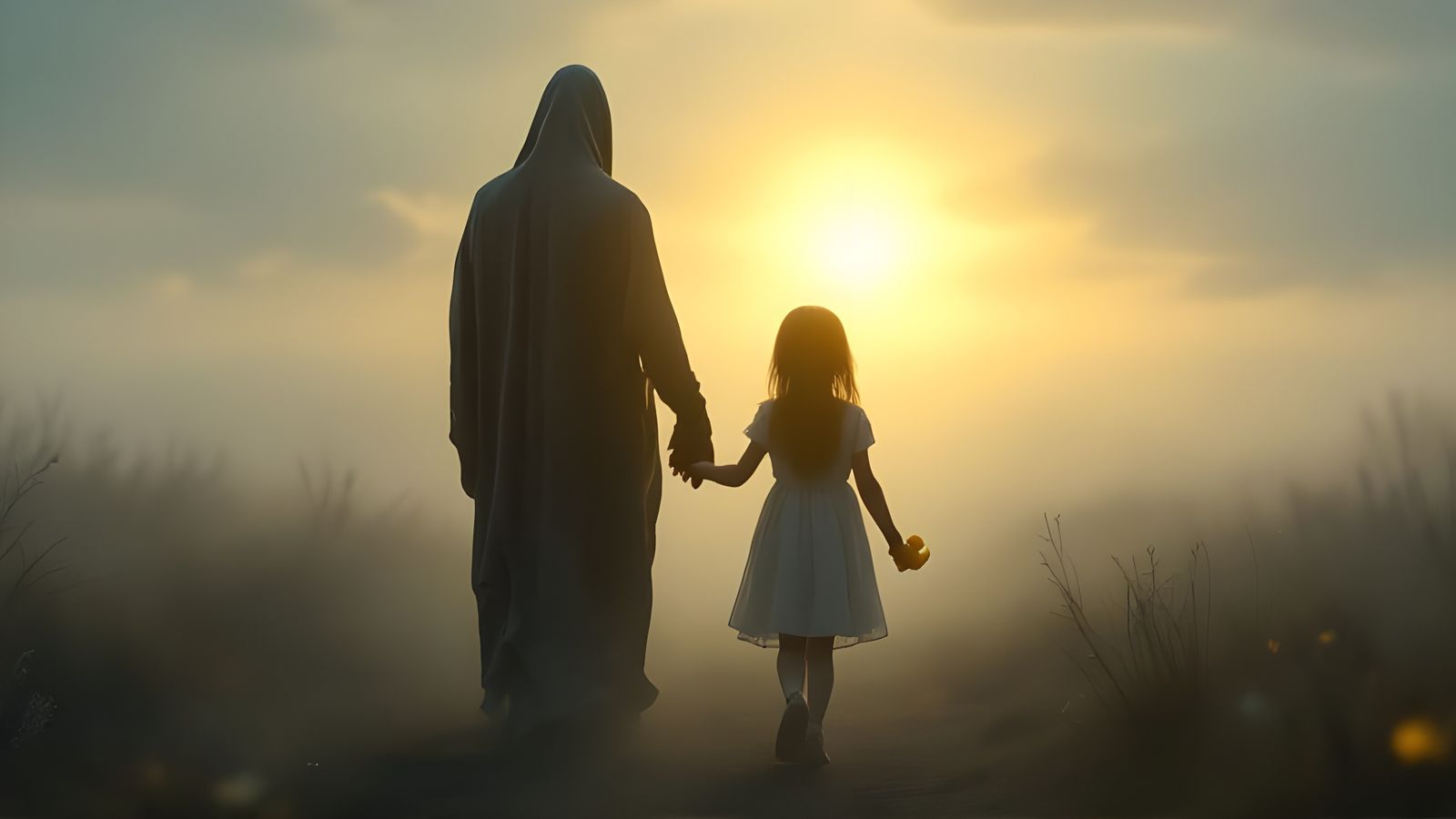 Girl and Grim Reaper Walk Towards Light